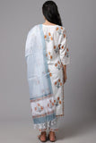 Light Blue cotton blend printed work kurti set with bottom and dupatta, 3/4th sleeve, knee length