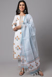 Light Blue cotton blend printed work kurti set with bottom & dupatta, round neck, 3/4th sleeve, knee length