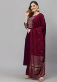 Maroon cotton blend printed work kurti set with bottom and dupatta, 3/4th sleeve and round neck, vibrant pattern on display