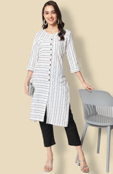 White cotton blend printed work kurti set with bottom and dupatta, 3/4th sleeve, knee length for women