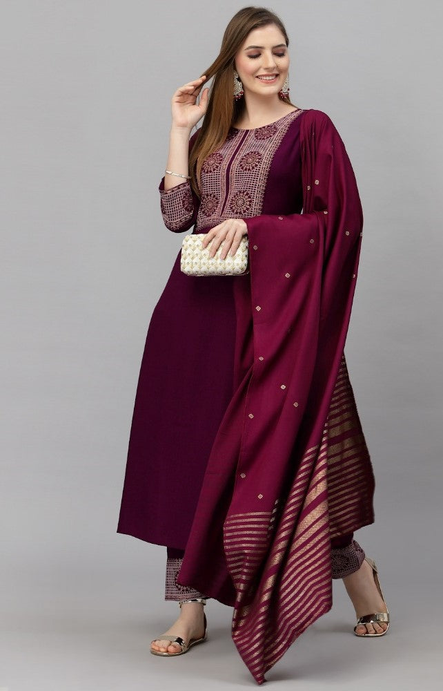 Maroon cotton blend printed work kurti set with bottom and dupatta, 3/4th sleeve, round neck, knee-length
