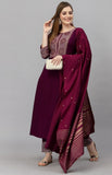 Maroon cotton blend printed work kurti set with bottom and dupatta, 3/4th sleeve, round neck, knee-length
