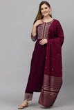Maroon cotton blend printed work kurti set with bottom and dupatta, 3/4th sleeve and round neck, knee-length design