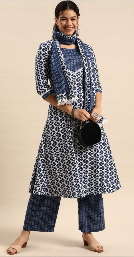 Blue cotton blend printed work kurti set with bottom and dupatta, 3/4th sleeve, round neck, knee-length patterned ensemble for women