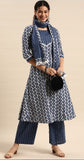 Blue cotton blend printed work kurti set with bottom and dupatta, 3/4th sleeve, round neck, knee-length patterned ensemble for women