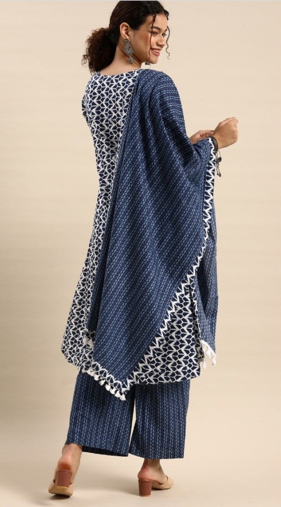 Blue cotton blend printed work kurti set with bottom and dupatta, 3/4th sleeve and knee length for women on mannequin