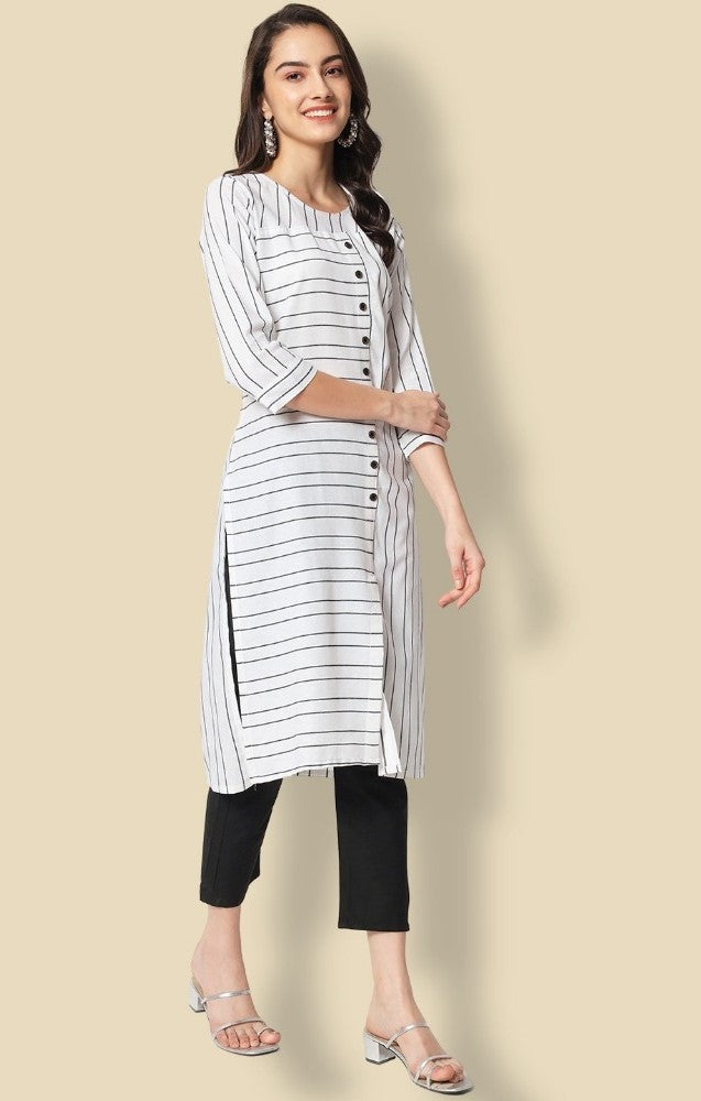 White cotton blend printed work kurti set with bottom and dupatta, 3/4th sleeve, round neck, knee length