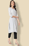 White cotton blend printed work kurti set with bottom and dupatta, 3/4th sleeve, round neck, knee length