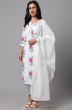 White cotton blend printed work kurti set with bottom and dupatta, 3/4th sleeve, knee length