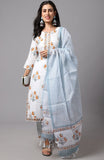 Light Blue cotton blend printed work kurti set with bottom & dupatta, 3/4th sleeve, knee length on mannequin