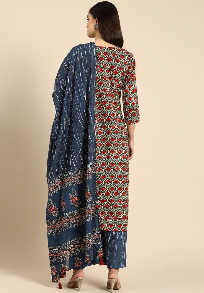 Multi-color cotton blend printed work kurti set with bottom and dupatta, 3/4th sleeve, closed neck, knee length
