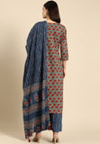 Multi-color cotton blend printed work kurti set with bottom and dupatta, 3/4th sleeve, closed neck, knee length