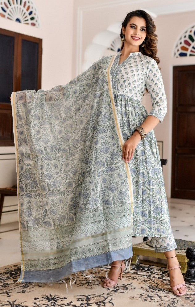 Multi Color cotton blend printed kurti set with bottom and dupatta, 3/4th sleeve, knee-length, mandarin collar - women's workwear attire on display