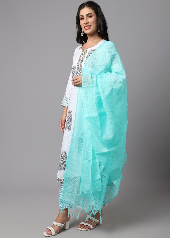 Light Blue cotton blend printed work kurti set with bottom and dupatta, V-neck with 3/4th sleeves, knee-length for women's fashion