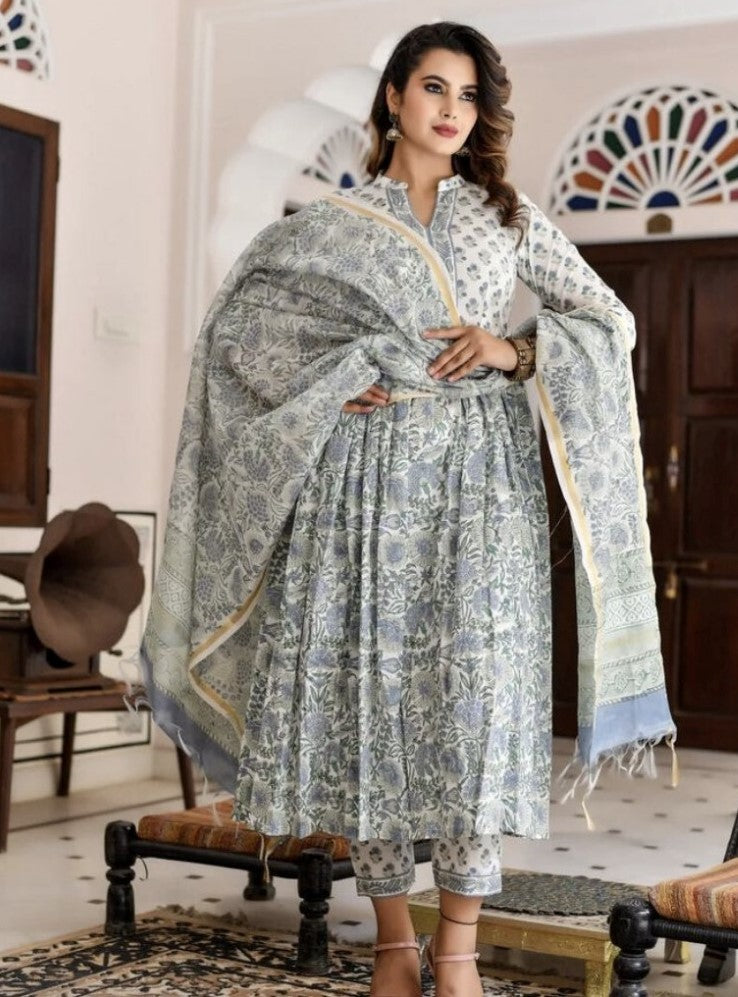 Multi-colored cotton blend work kurti set with bottom and dupatta, 3/4th sleeve, knee length, mandarin collar - women's fashion attire on mannequin