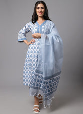 Light Blue cotton blend printed work kurti set with bottom and dupatta featuring V-neck and 3/4th sleeves, knee length design