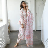Pink cotton blend printed work kurti set with bottom and dupatta, V-neck, full sleeves, knee length