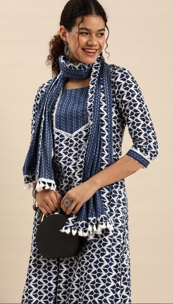 Blue cotton blend printed work kurti set with bottom and dupatta, 3/4th sleeve and knee-length, round neck