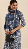 Blue cotton blend printed work kurti set with bottom and dupatta, 3/4th sleeve and knee-length, round neck
