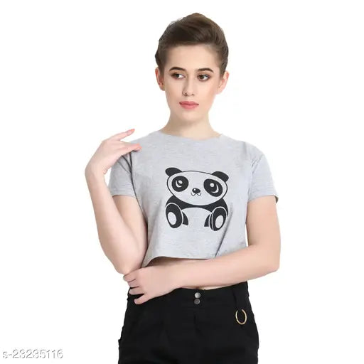 Cotton blend panda print crop top by Cozami, suitable for casual wear, XS-XL