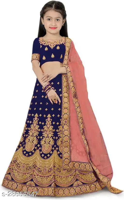 Embroidered satin lehenga choli for girls (4-15 years), net dupatta with short sleeves, Indian semi-stitched fashion