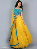 Embroidered semi-stitched lehenga choli in dupion silk and net, featuring intricate Indian embroidery on lehenga, dupatta, and choli. Free size, 42 inch waist, 70 inch length