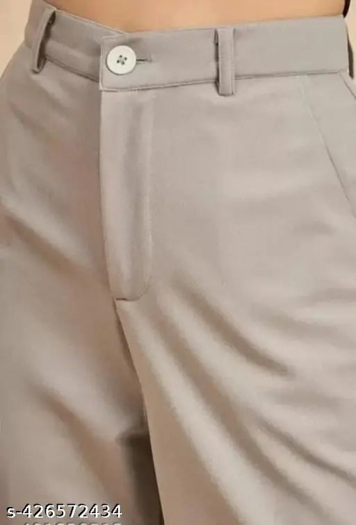 Gray cargo pants with a side flap pocket