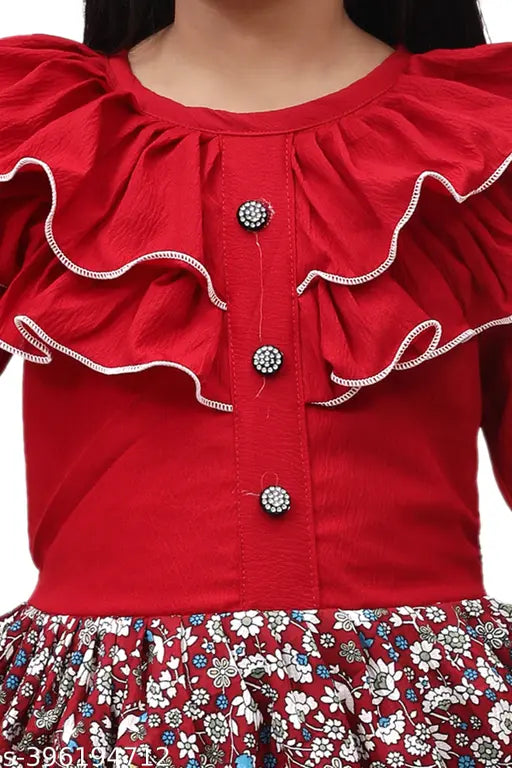 Crepe girls frock dress in print pattern, knee-length anarkali style with three-quarter sleeves - India