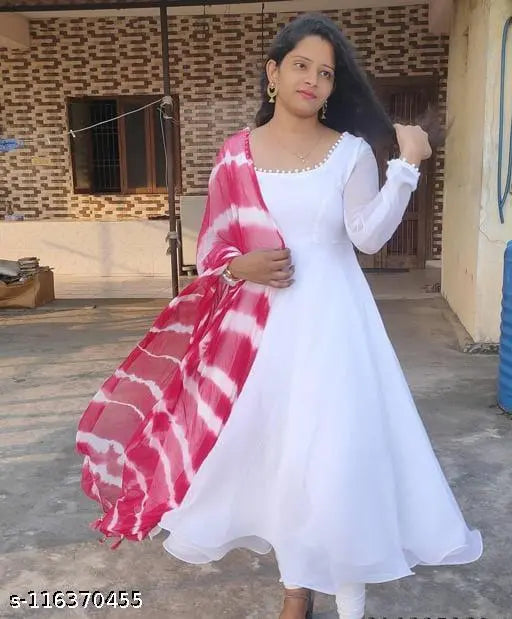 White georgette anarkali gown, long sleeves, solid pattern, evening formal or bridal wear, custom-made Indian design