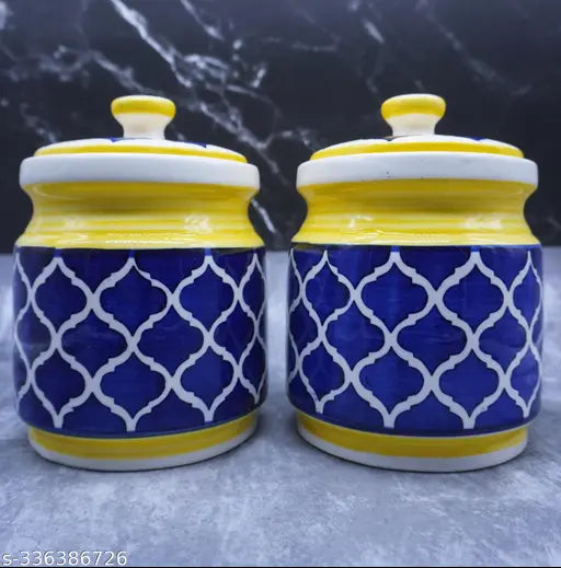 Kraftlik Handicrafts yellow ceramic jar with decorative blue trim, food storage container in pickle style, pack of two, 1200 ml