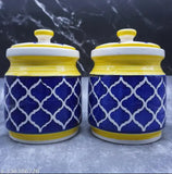 Kraftlik Handicrafts yellow ceramic jar with decorative blue trim, food storage container in pickle style, pack of two, 1200 ml