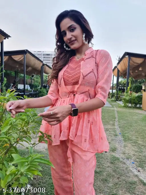 Georgette print co-ord set for women, full sleeve jacket with shrug - XL (size options available)