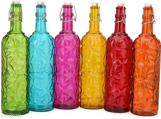 1st Time Colorful Glass Water Bottles For Storage, Airtight, 1000 Ml Each, Pack Of 6