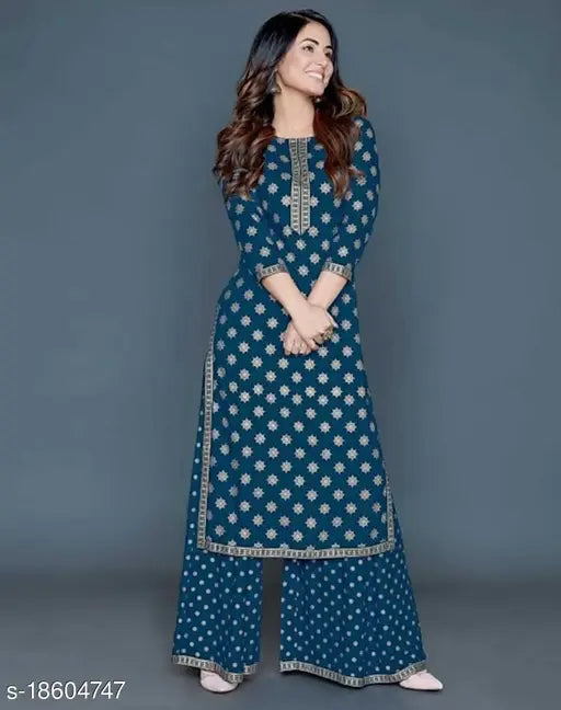 Charvi Sensational Women's Rayon Kurta Set with Palazzos, printed net, three-quarter sleeves, lightweight, trendy, comfortable, high fashion, wedding-ready, soft against skin, stunning, classic look, Indian origin