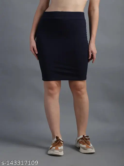 Navy blue pencil skirt, mid-calf length, casual style