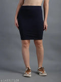 Navy blue pencil skirt, mid-calf length, casual style