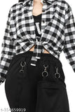 Black and white checkered jacket with black pants and multiple chains, girl's casual outfit