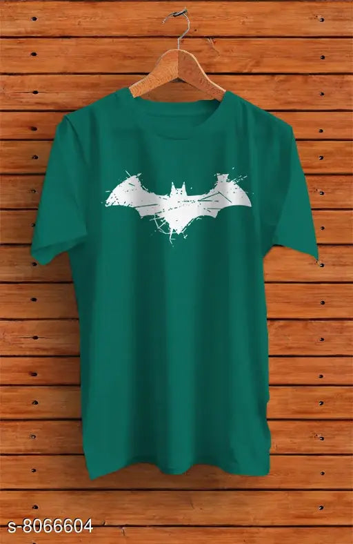 Oxford blue solid cotton round neck tee with Bat print, short sleeves for men's casual wear