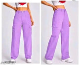 Cream cotton lycra cargo pants with slanted inset pocket & flap, high rise, straight fit, stretchable, and formal/casual wear. Available sizes: S-XL (26", 28", 30", 32"). Made in India