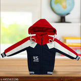 Red and navy blue winter jacket with a white stripe, hooded design, zip closure