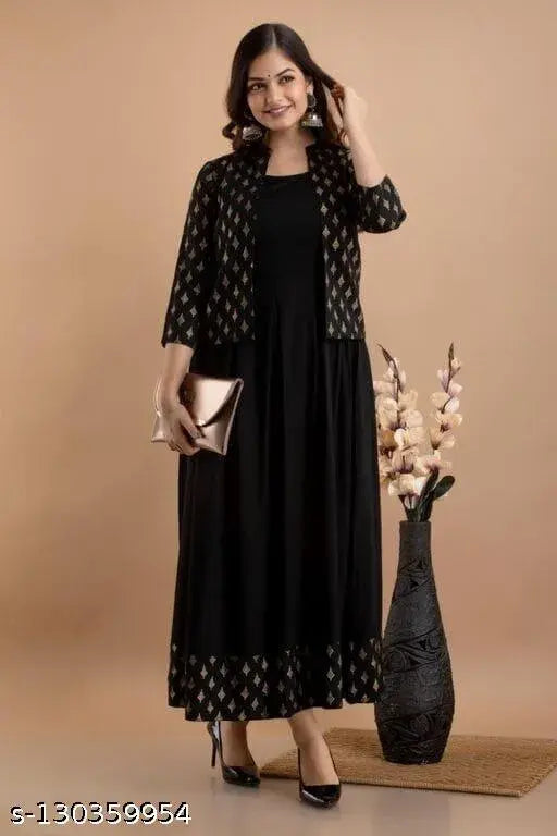 Rayon TC-Black Kurti with Jacket, single solid color Indian fashion for women's size M, L, XL, XXL