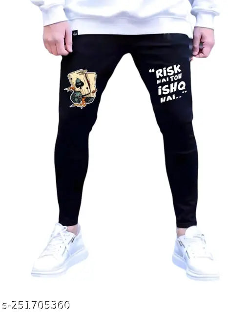 Elegant unique men's denim jeans, solid black with engraved details. High-quality fabric for versatility and comfort, available in multiple sizes (28, 30, 32, 34)