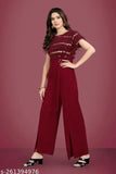 Maroon embellished lycra jumpsuit for women, short sleeves and net pattern detail on mannequin