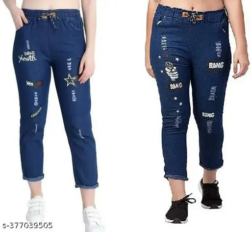 Blue denim jogger fit mid-rise jeans with printed net detail, women's casual wear for active lifestyle