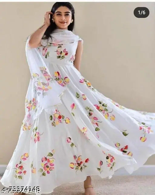 Long white floral print churi gown with sleeves