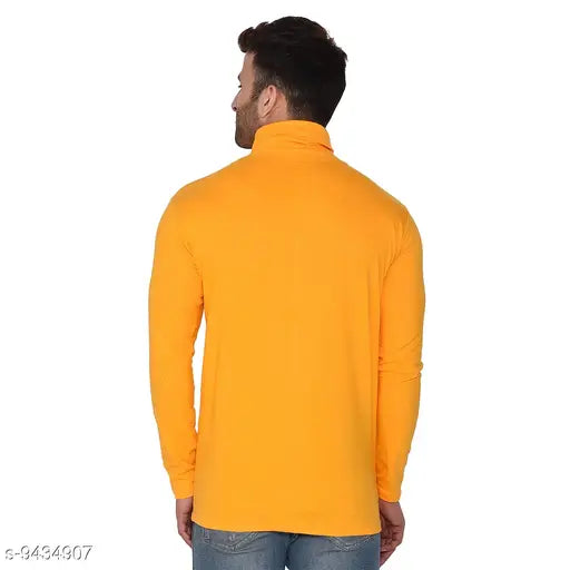 Yellow cotton blend long sleeved Geum Men's solid shawl T-shirt, perfect for casual wear with jeans and sneakers. High quality 155-160 GSM pure combed cotton. Made in India