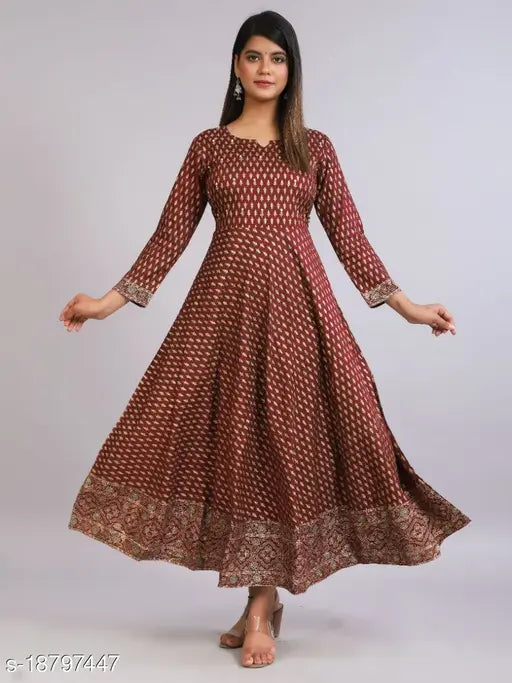 Women's rayon anarkali kameez with gold print, long sleeves, A-line cut