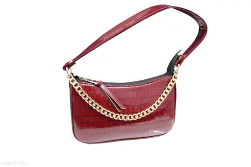 Red crocodile print leather girls slingbag handbag short handle with visible zipper and chain strap