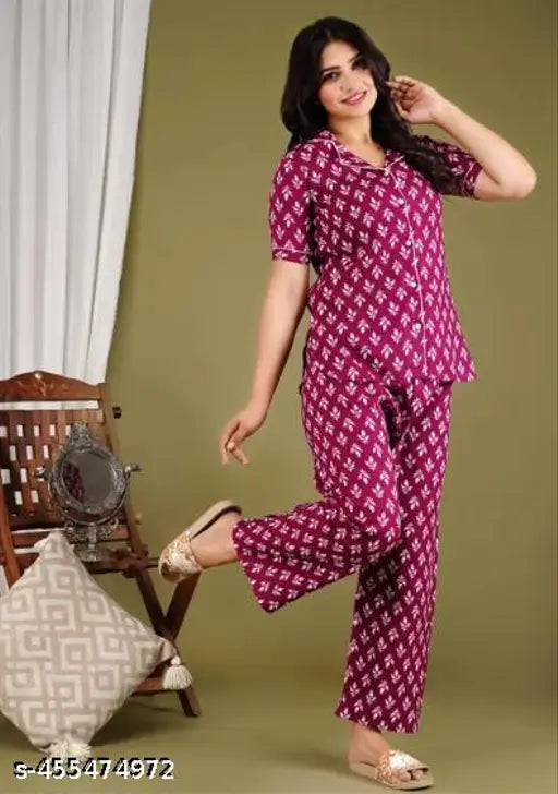 Trendy viscose rayon nightsuit for girls and women, printed in vibrant colors