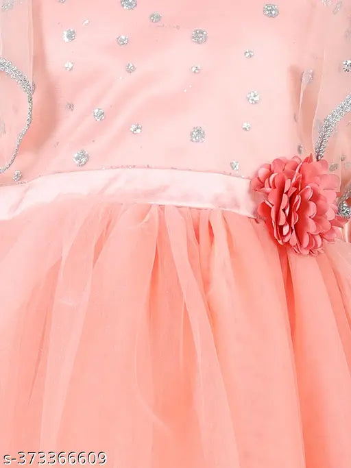 Peach net party dress for kids, high in low design with toy balloon print